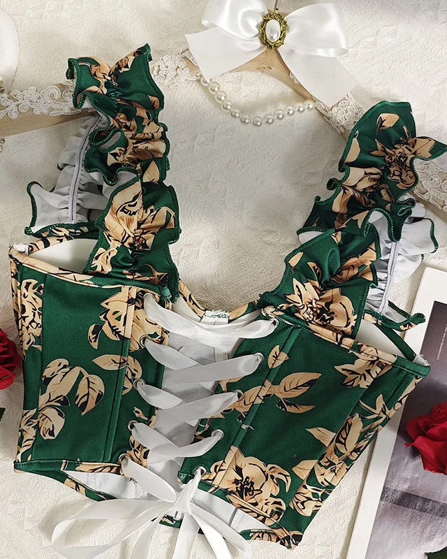 V-Neck Sexy Printed Fishbone Back Strap Top With Breast Pads