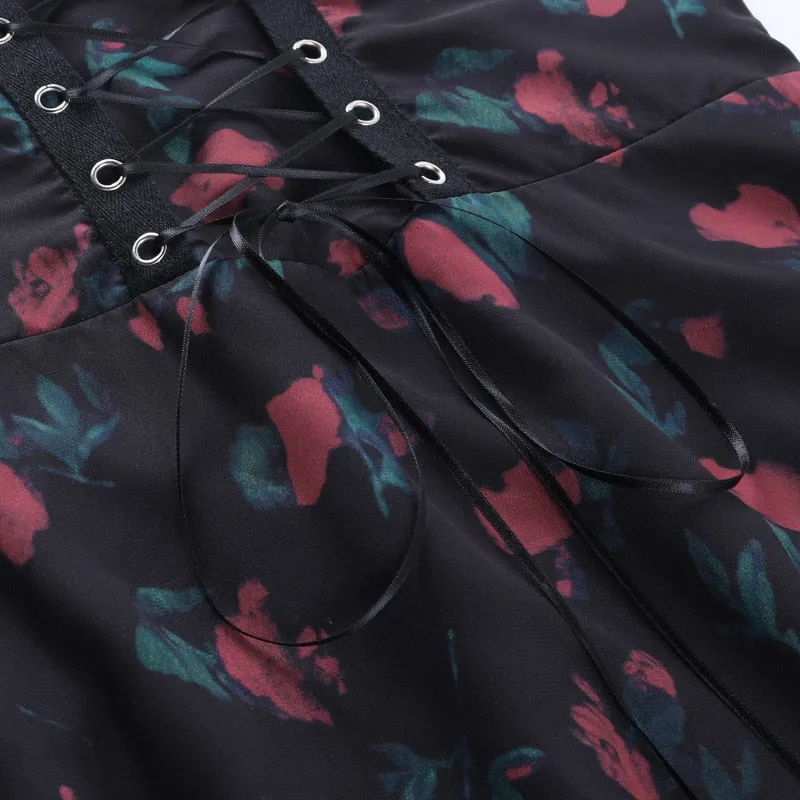VenusFox Gothic Autumn Sexy Punk Woman High Waist A Line Dress Vintage Goth Dark Bandage Flower Print Mesh Y2K Chiffon Dress  Alt Clothes