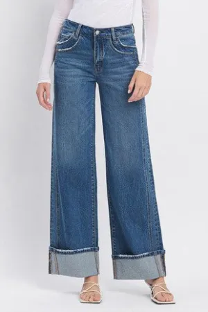 VERVET BY FLYING MONKEY HIGH RISE CUFFED PANEL BAGGY WIDE JEANS