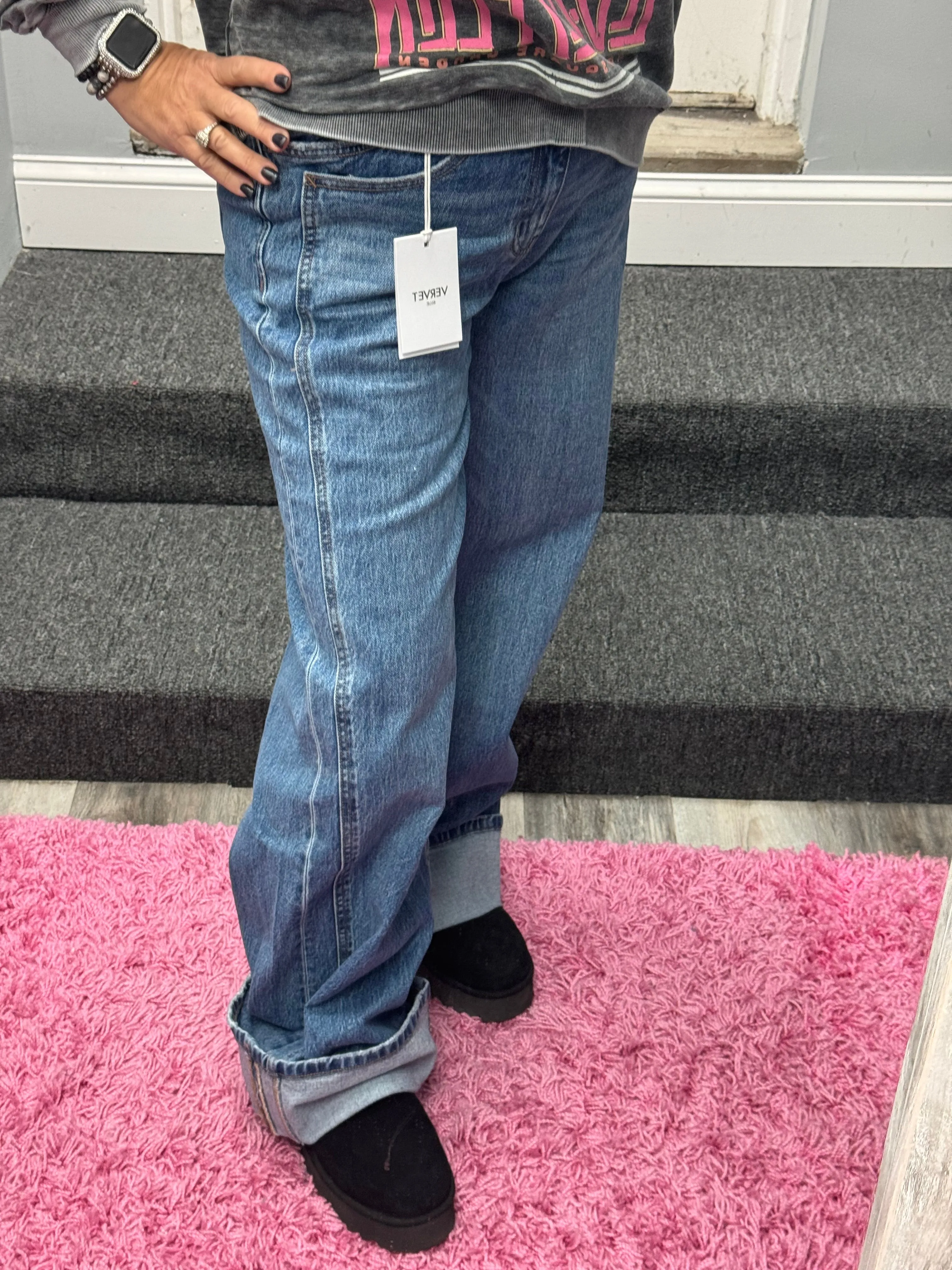 VERVET BY FLYING MONKEY HIGH RISE CUFFED PANEL BAGGY WIDE JEANS