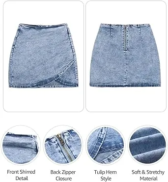 Vetinee Women's Tulip Hem Shirred Washed Casual Bodycon Short Jean Denim Skirt