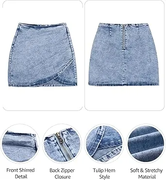 Vetinee Women's Tulip Hem Shirred Washed Casual Bodycon Short Jean Denim Skirt