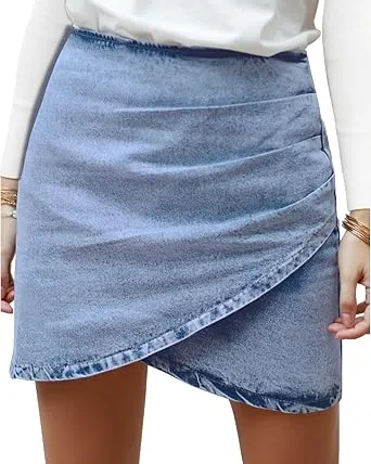 Vetinee Women's Tulip Hem Shirred Washed Casual Bodycon Short Jean Denim Skirt