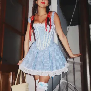 Vevesc Women's Halloween Dorothy Dress Costume Corset Bodice Blue Gingham Dress Lace Panel Lolita Maid Costume