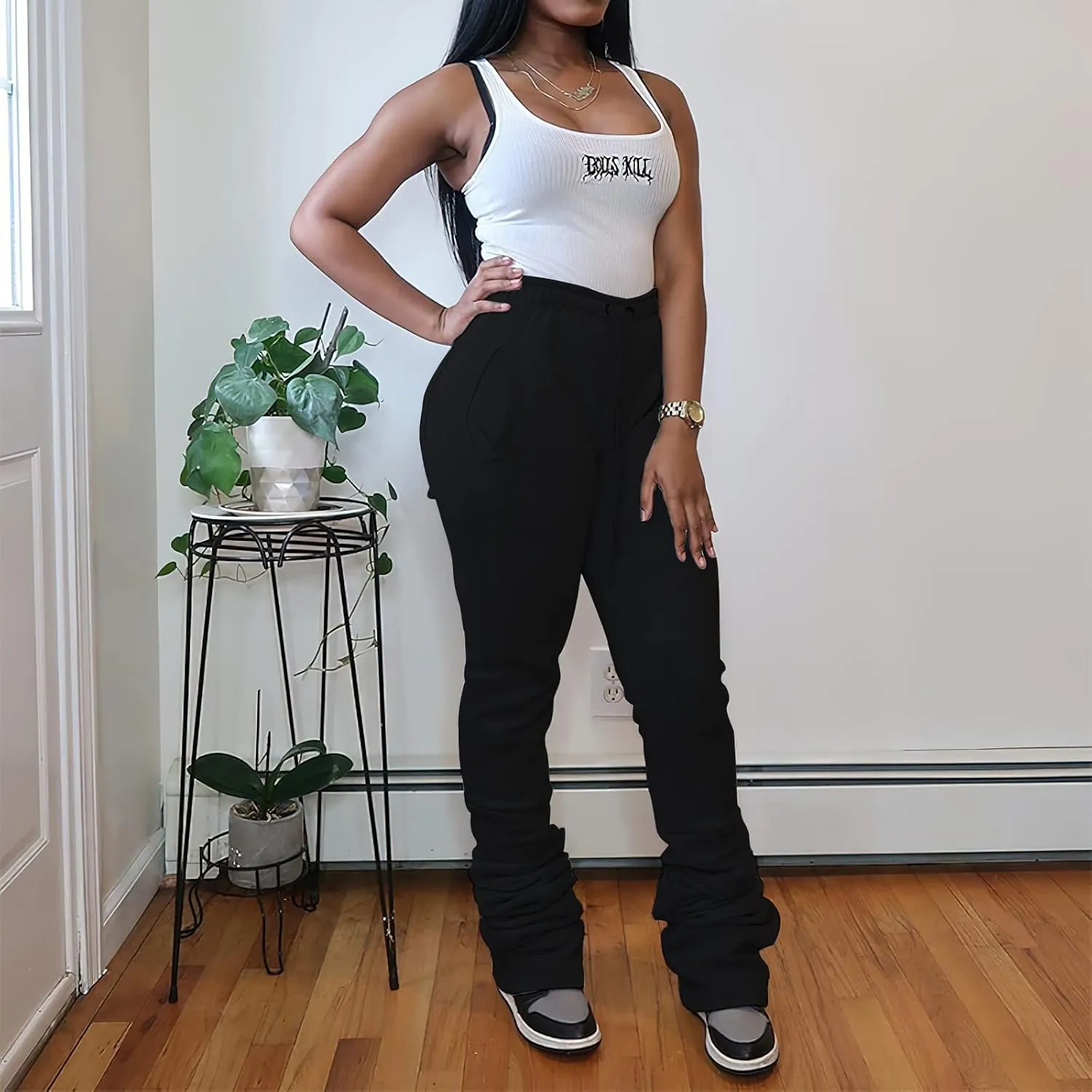 Viatabuna Women Stacked Leggings Pants Casual High Waist Sweatpants Ruched Workout Joggers Drawstring Bell Bottom Flare Pants