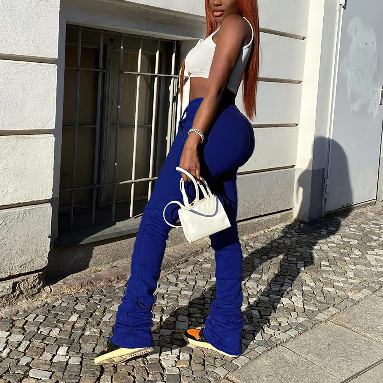 Viatabuna Women Stacked Leggings Pants Casual High Waist Sweatpants Ruched Workout Joggers Drawstring Bell Bottom Flare Pants