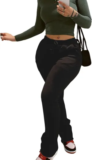 Viatabuna Women Stacked Leggings Pants Casual High Waist Sweatpants Ruched Workout Joggers Drawstring Bell Bottom Flare Pants