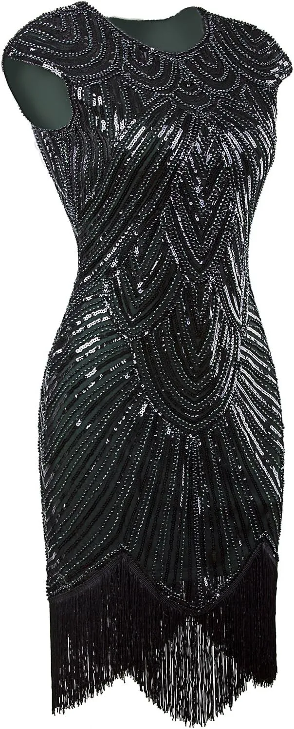 Vijiv Women's 1920s Vintage Embellished Sequin Beaded Flapper Evening Dress