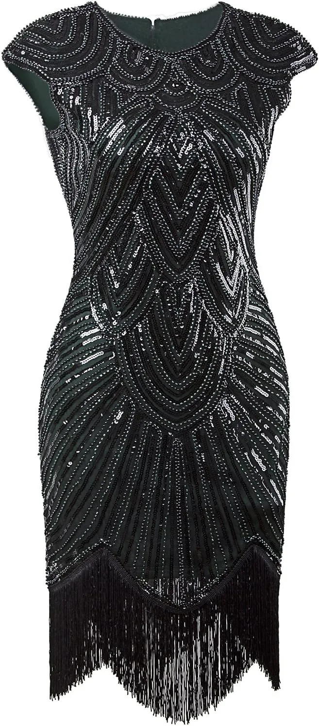 Vijiv Women's 1920s Vintage Embellished Sequin Beaded Flapper Evening Dress