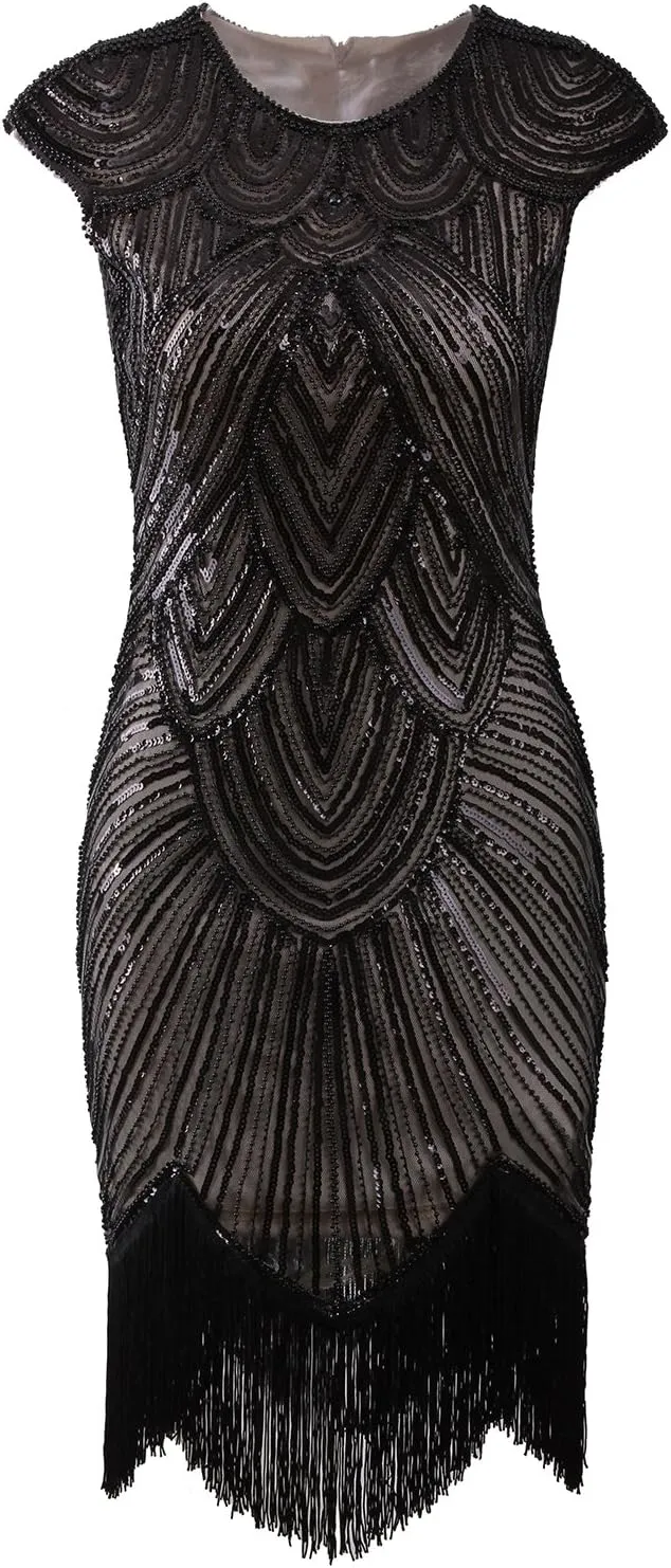 Vijiv Women's 1920s Vintage Embellished Sequin Beaded Flapper Evening Dress