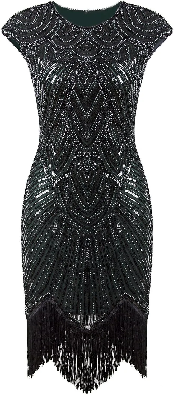 Vijiv Women's 1920s Vintage Embellished Sequin Beaded Flapper Evening Dress