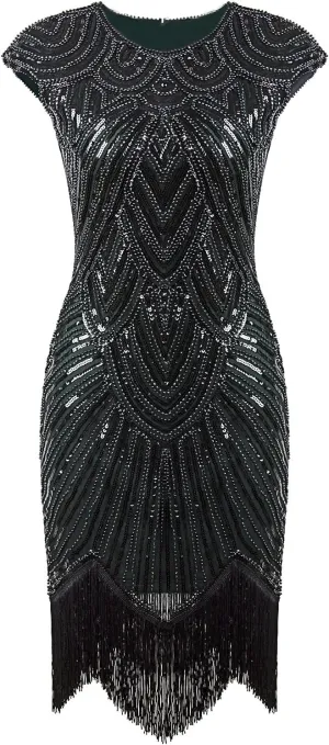 Vijiv Women's 1920s Vintage Embellished Sequin Beaded Flapper Evening Dress