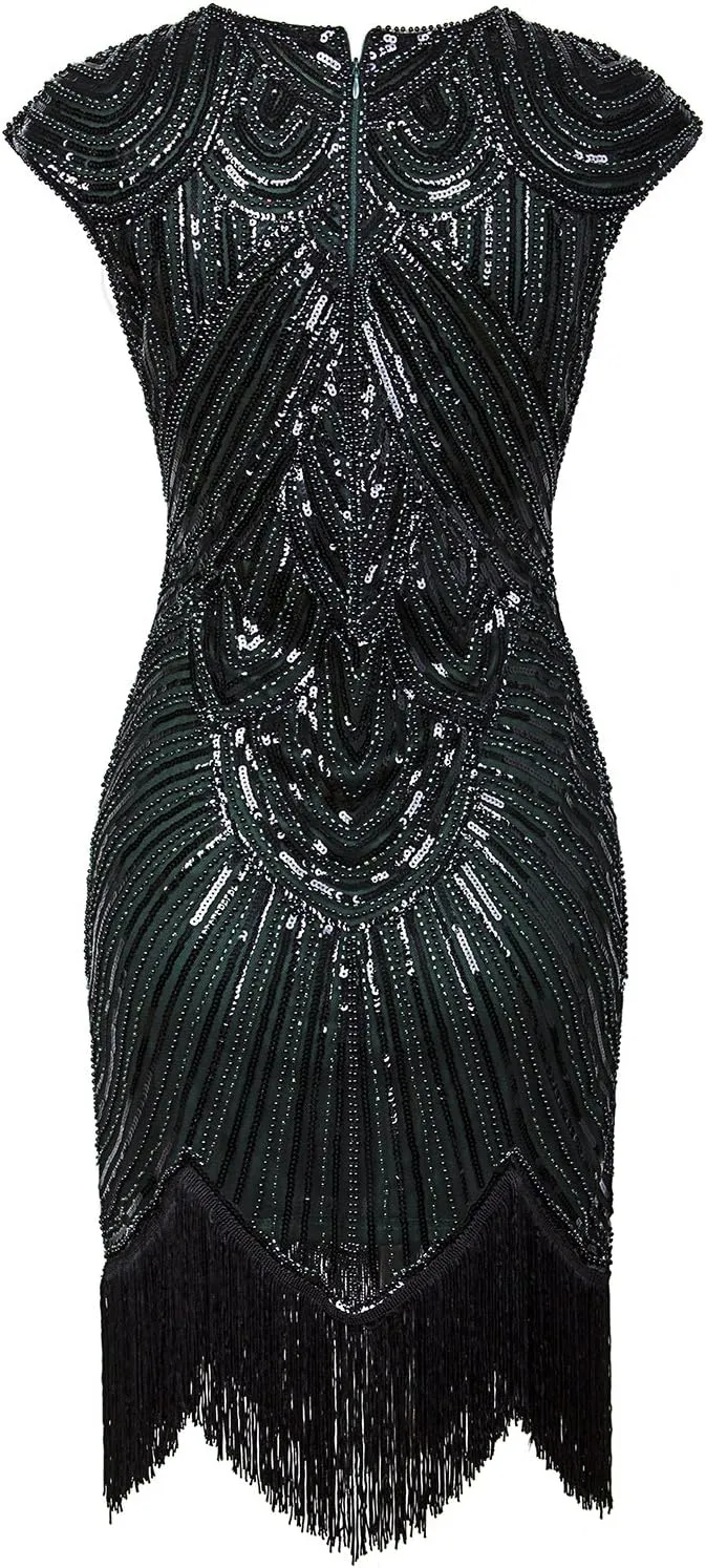 Vijiv Women's 1920s Vintage Embellished Sequin Beaded Flapper Evening Dress