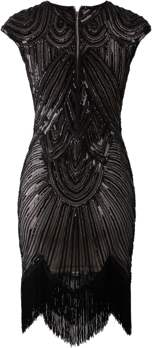 Vijiv Women's 1920s Vintage Embellished Sequin Beaded Flapper Evening Dress