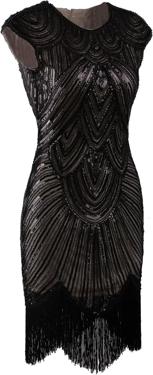 Vijiv Women's 1920s Vintage Embellished Sequin Beaded Flapper Evening Dress