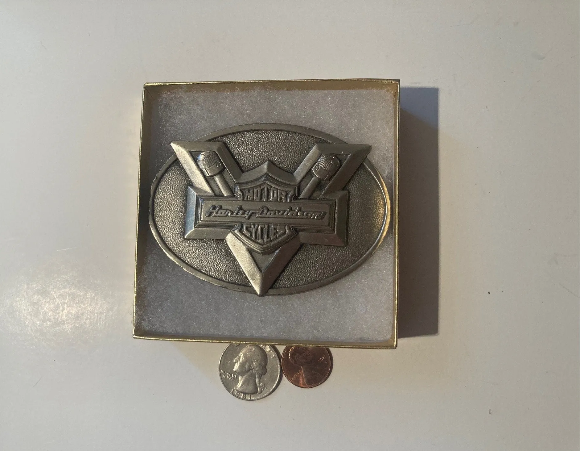 Vintage 1983 Metal Belt Buckle, Harley Davidson, Motorcycle, V Twin, Fatboy, Springer, Softtail, Sportster, 3 1/2" x 2 1/2", Heavy Duty