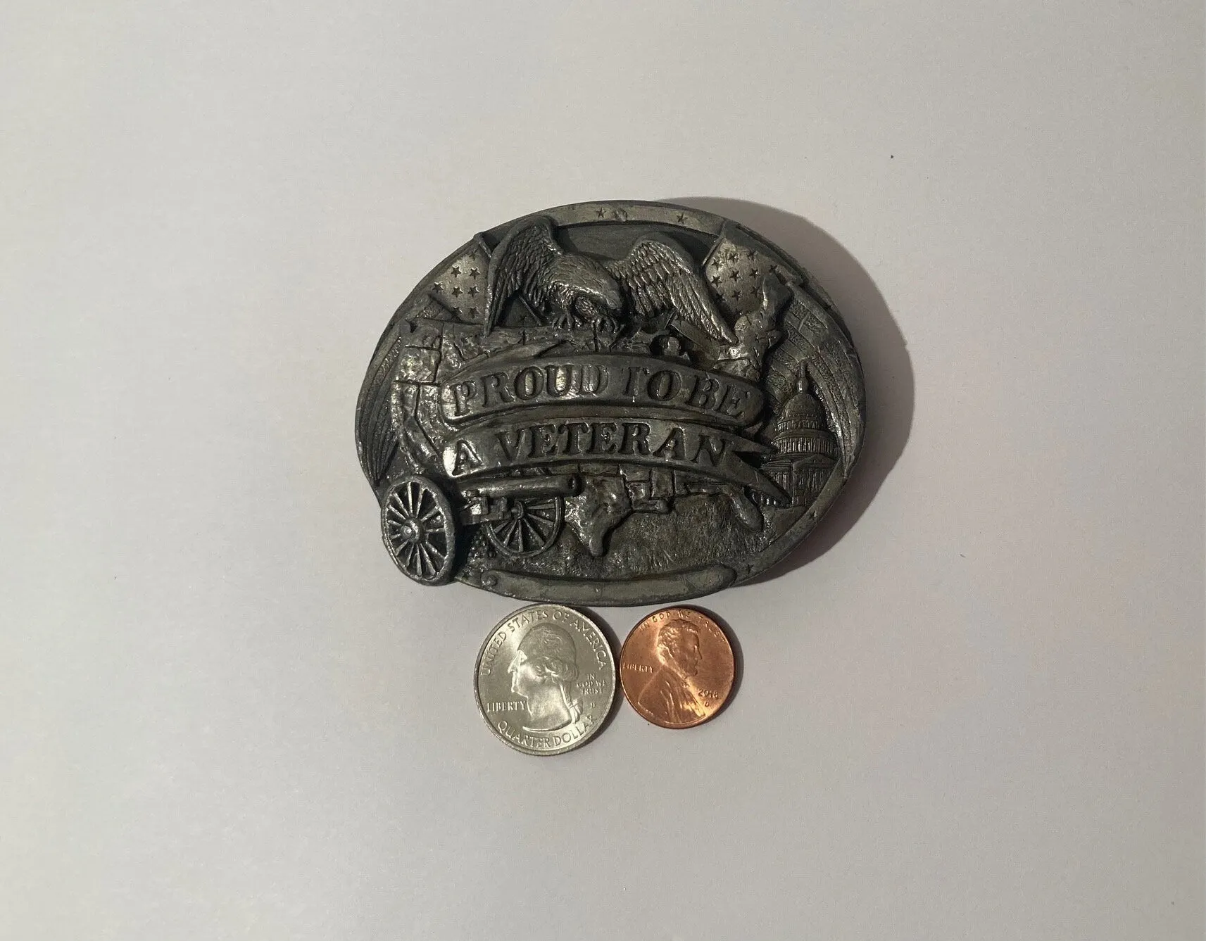 Vintage 1983 Metal Pewter Belt Buckle, Proud To Be A Veteran, Bergamot, Made in USA, Quality, Heavy Duty, Fashion, Belts, Shelf Display