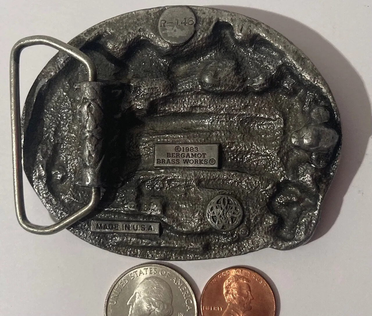 Vintage 1983 Metal Pewter Belt Buckle, Proud To Be A Veteran, Bergamot, Made in USA, Quality, Heavy Duty, Fashion, Belts, Shelf Display