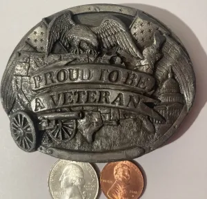 Vintage 1983 Metal Pewter Belt Buckle, Proud To Be A Veteran, Bergamot, Made in USA, Quality, Heavy Duty, Fashion, Belts, Shelf Display
