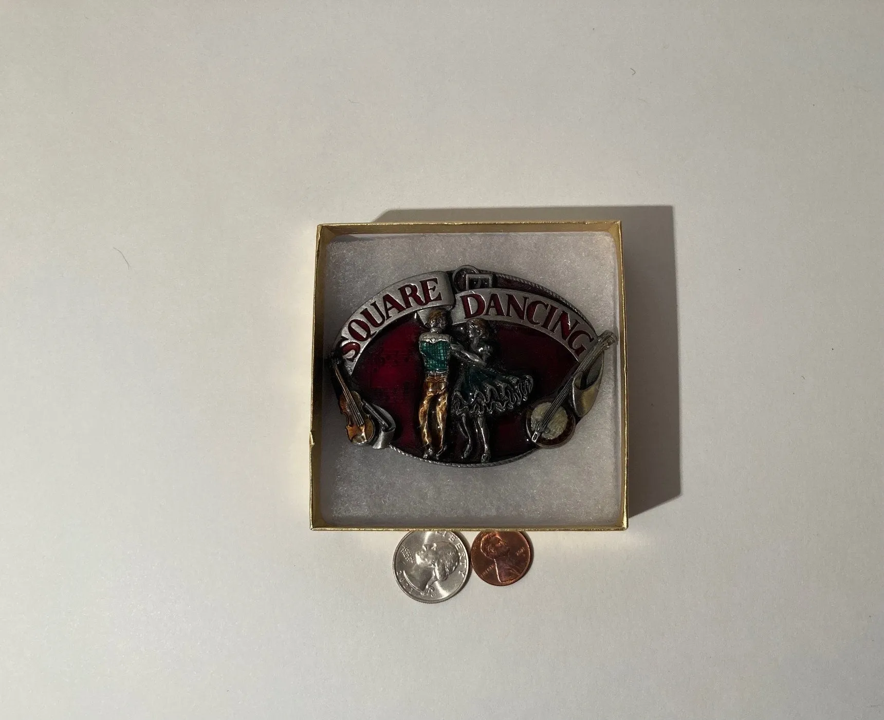 Vintage 1985 Metal Belt Buckle, Square Dancing, Banjo, Fiddle, Enamel, Quality, Thick Metal, Made in USA, 3" x 2 1/2", For Belts, Fashion