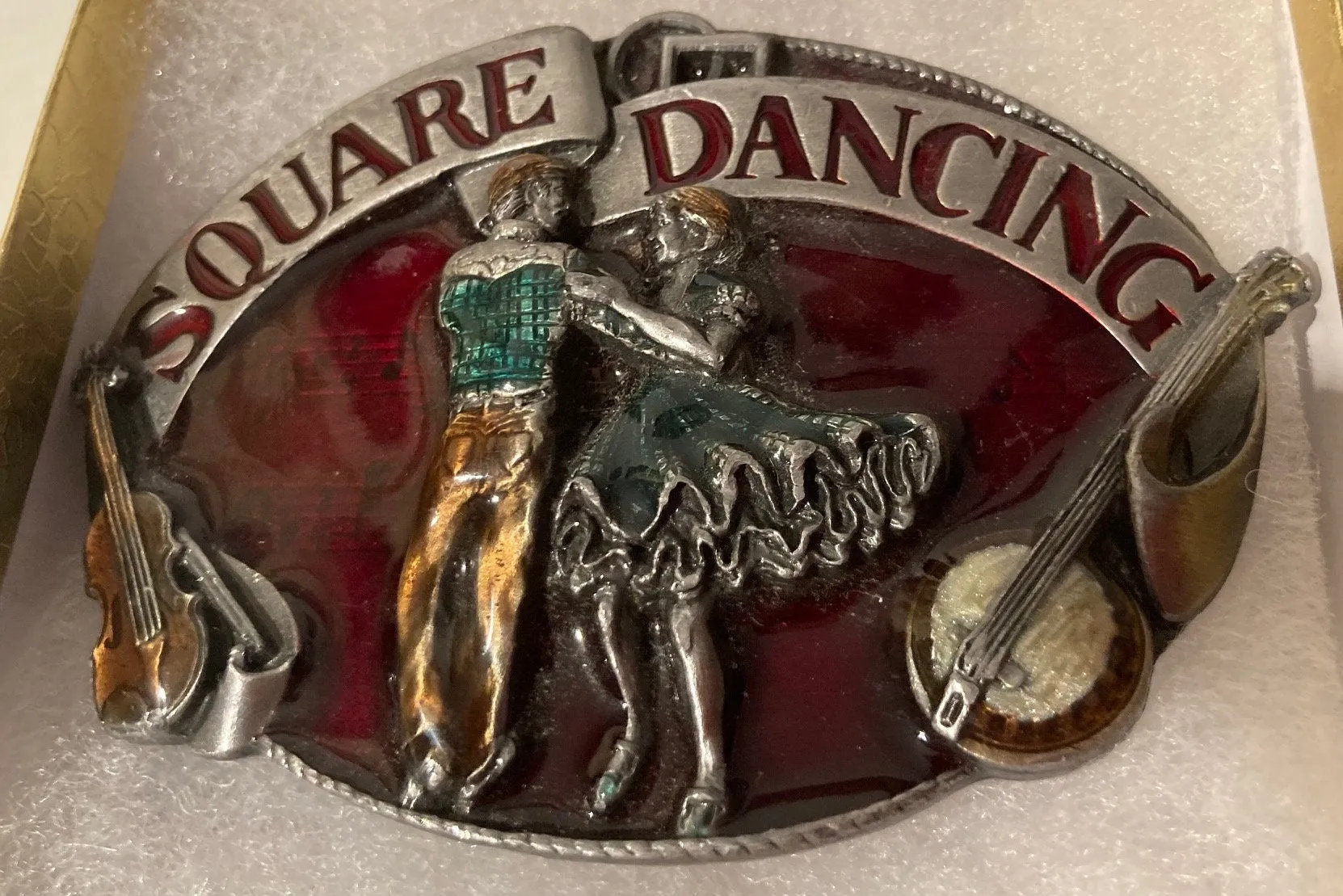 Vintage 1985 Metal Belt Buckle, Square Dancing, Banjo, Fiddle, Enamel, Quality, Thick Metal, Made in USA, 3" x 2 1/2", For Belts, Fashion