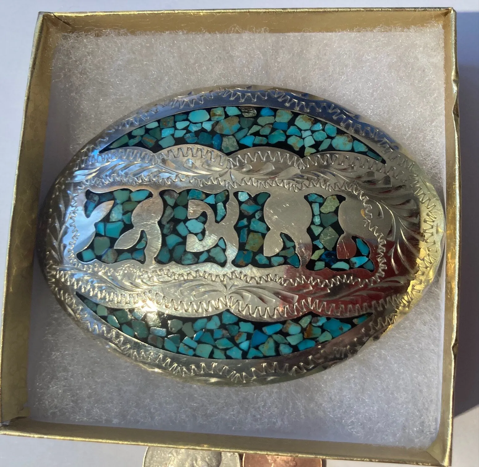 Vintage 1993 Metal Belt Buckle, Zell, Silver and Turquoise, Special Made Belt Buckle, 3 1/2, x 2 1/2", Quality, Made in USA, Country