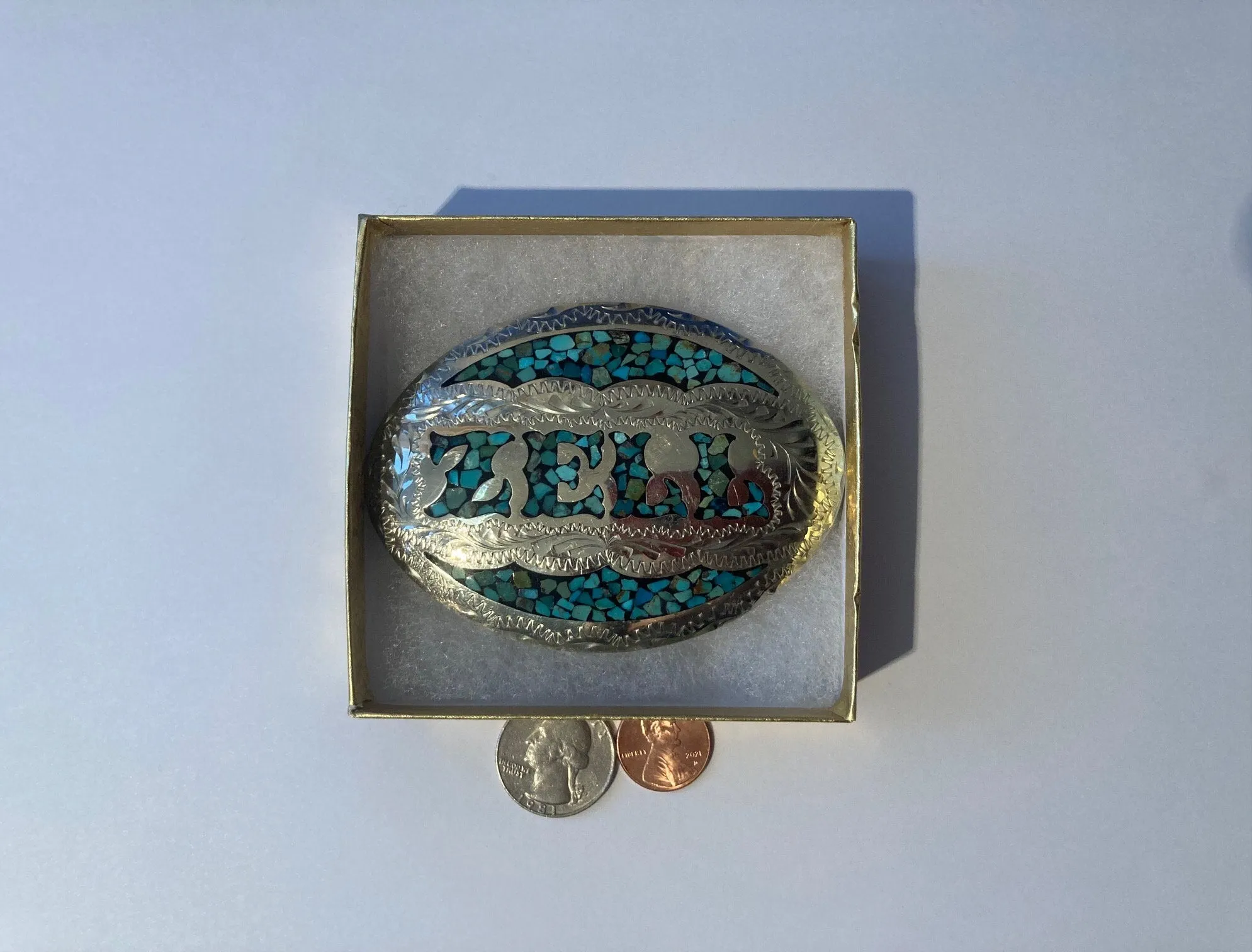 Vintage 1993 Metal Belt Buckle, Zell, Silver and Turquoise, Special Made Belt Buckle, 3 1/2, x 2 1/2", Quality, Made in USA, Country