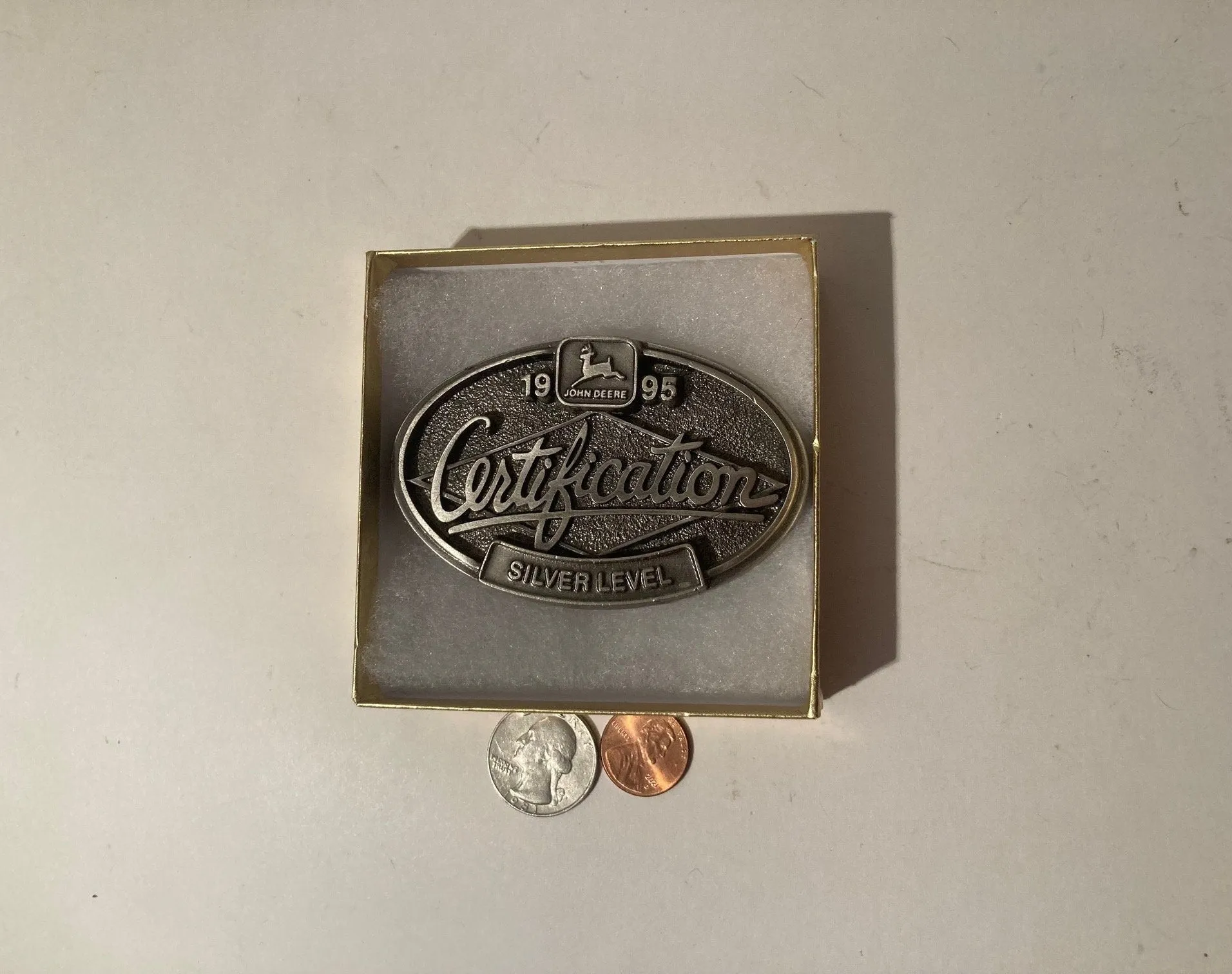 Vintage 1995 Metal Belt Buckle, John Deere, Certification Gold Level, Farming, Tractors, 3 1/2" x 2 1/4", Heavy Duty, Quality, Thick Metal