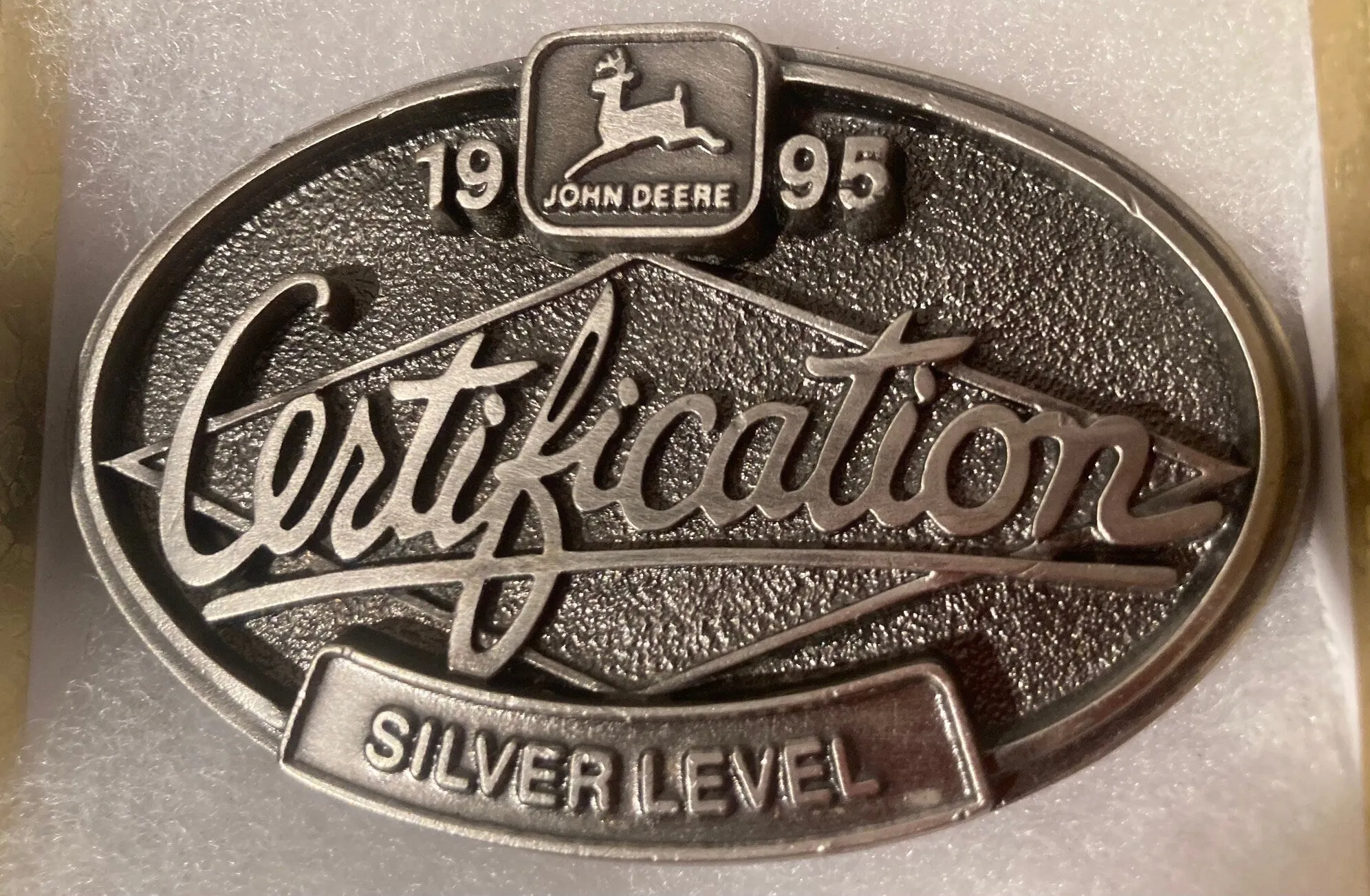 Vintage 1995 Metal Belt Buckle, John Deere, Certification Gold Level, Farming, Tractors, 3 1/2" x 2 1/4", Heavy Duty, Quality, Thick Metal