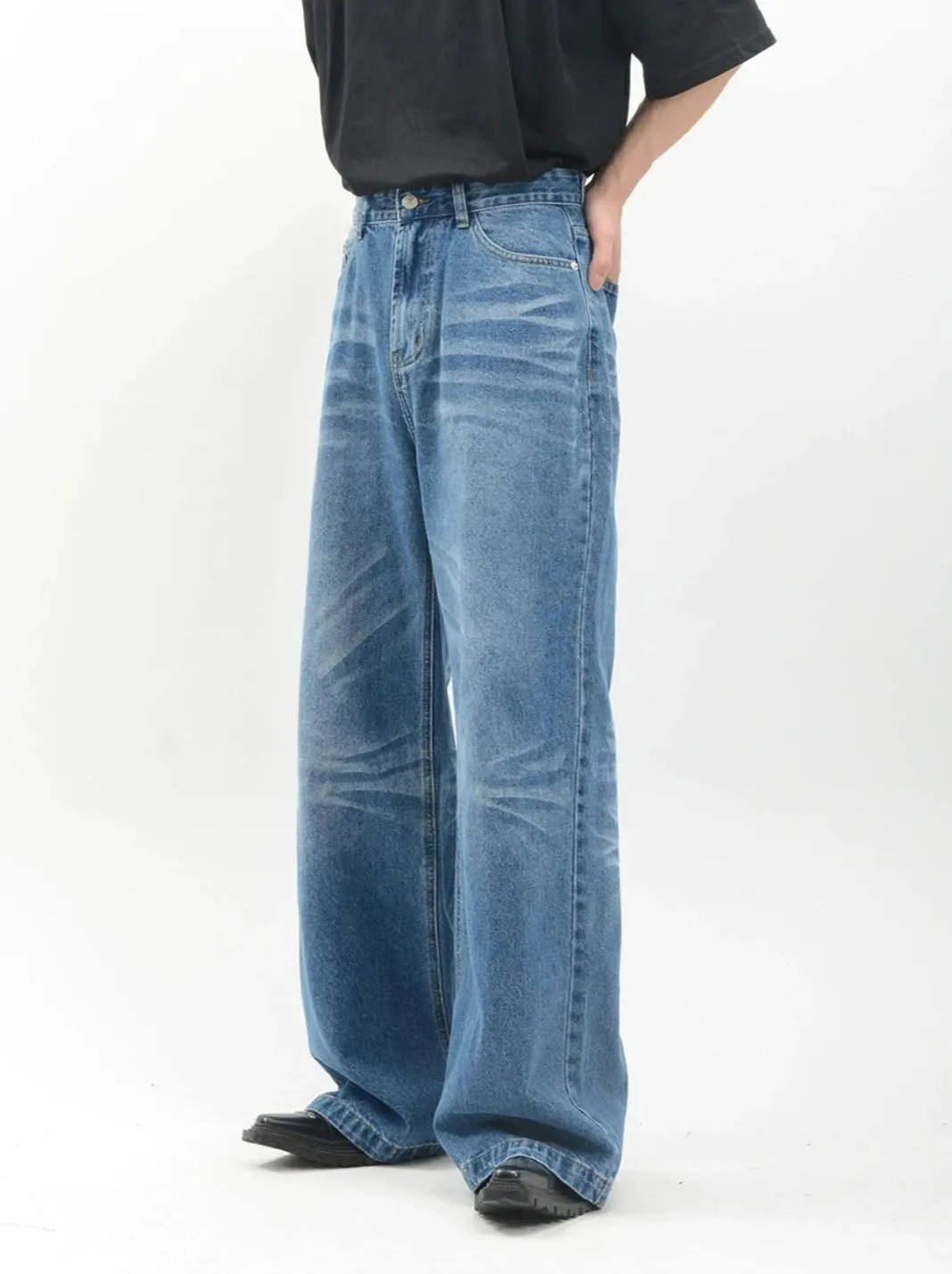Vintage Acid Crease-Effect Straight-Leg Denim Jeans