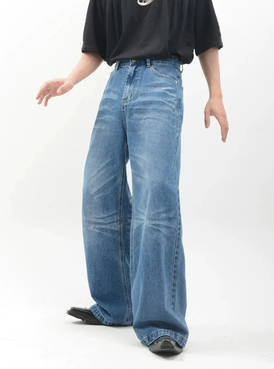 Vintage Acid Crease-Effect Straight-Leg Denim Jeans