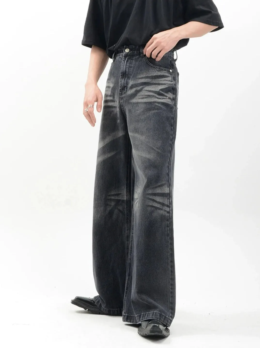 Vintage Acid Crease-Effect Straight-Leg Denim Jeans