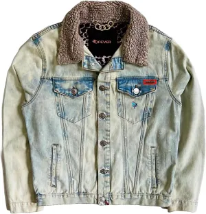 Vintage Acid-Wash Denim Jacket, Sherpa Collar, High-Fashion Patchwork, Patchwork Design, Handmade in Colombia