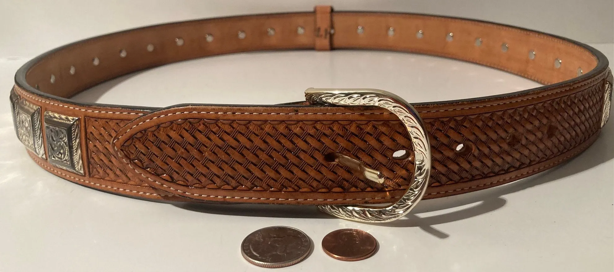 Vintage Leather Belt and Buckle, Hand Tooled, Western Sundries, Belts, Quality, Size 42 to 48, Country and Western, Western Wear