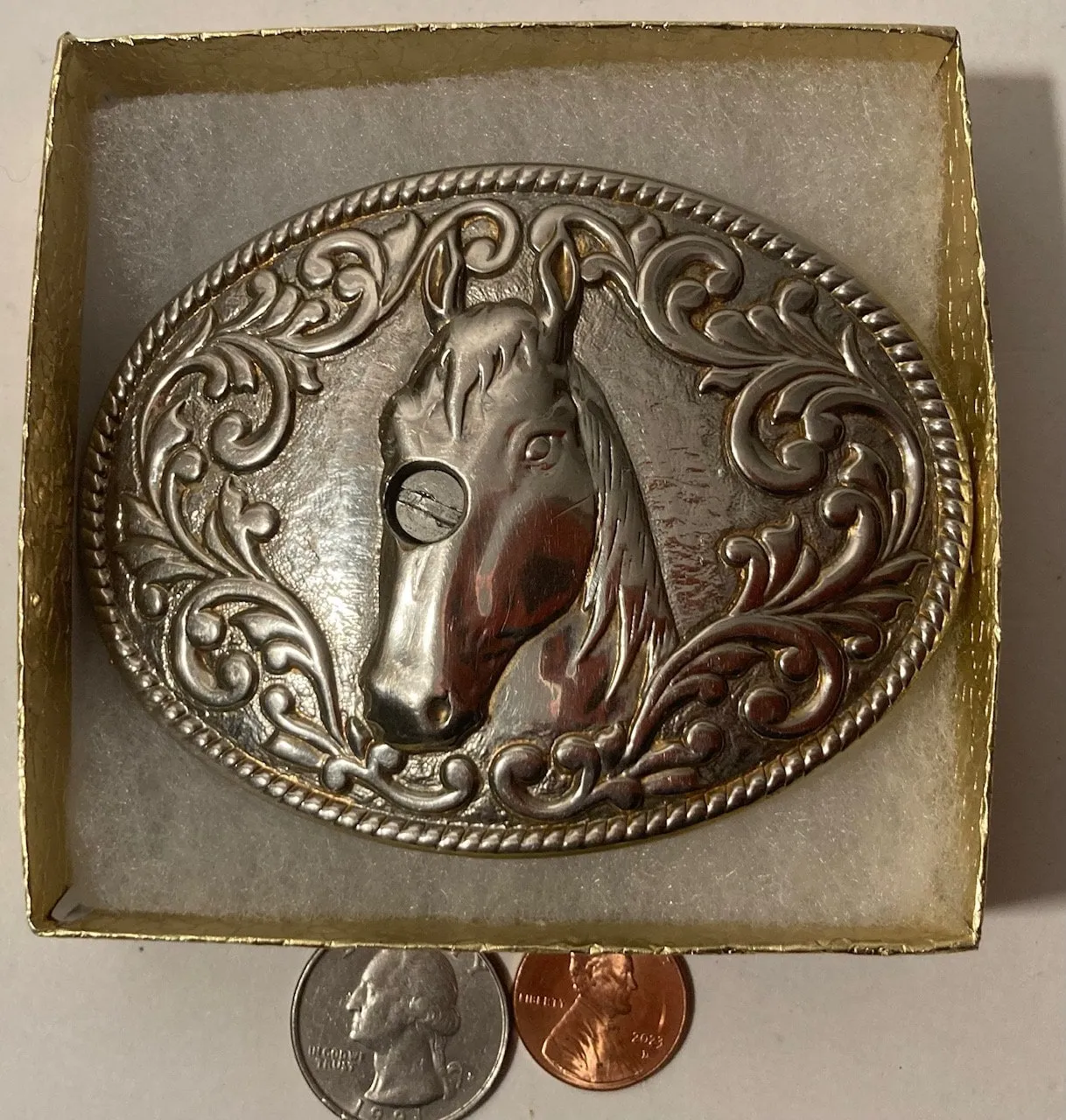 Vintage Metal Belt Buckle, 24K Gold Plated, Nice Horse, Nice Western Design, 3 1/2" x 2 3/4", Heavy Duty, Made in USA, Quality, Thick Metal