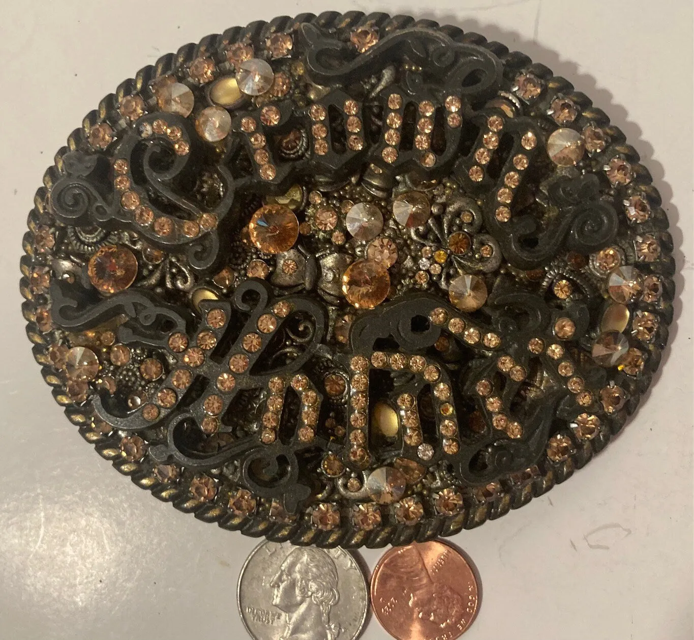 Vintage Metal Belt Buckle, Brass, Crown Something, Big Size, Lots of Bling, Nice Design, 4 1/2" x 3 1/2", Heavy Duty, Quality, Thick Metal