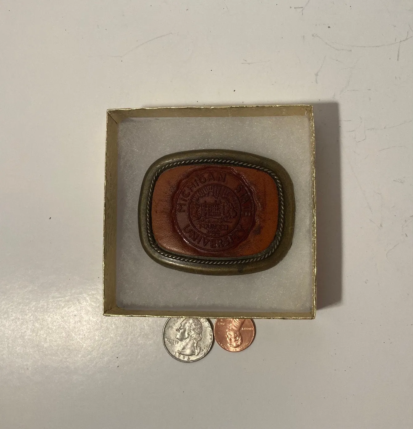 Vintage Metal Belt Buckle, Brass, Leather, Michigan State University, Nice Design, 2 3/4" x 2 1/4", Heavy Duty, Quality
