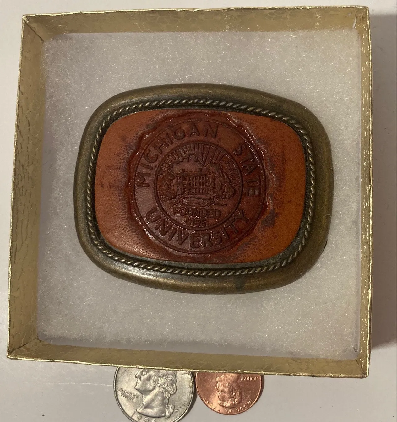 Vintage Metal Belt Buckle, Brass, Leather, Michigan State University, Nice Design, 2 3/4" x 2 1/4", Heavy Duty, Quality