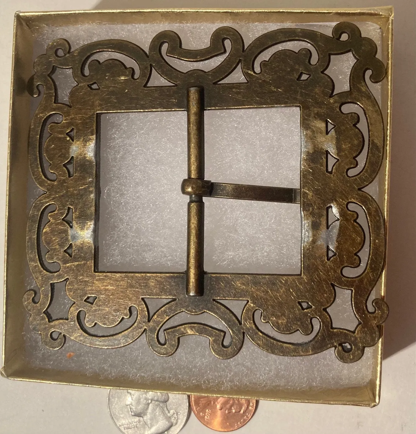 Vintage Metal Belt Buckle, Brass, Sparkly Stones, Really Nice, Heavy Duty Feel, 3 1/2" x 3", Heavy Duty, Quality, Thick Metal, Made in USA