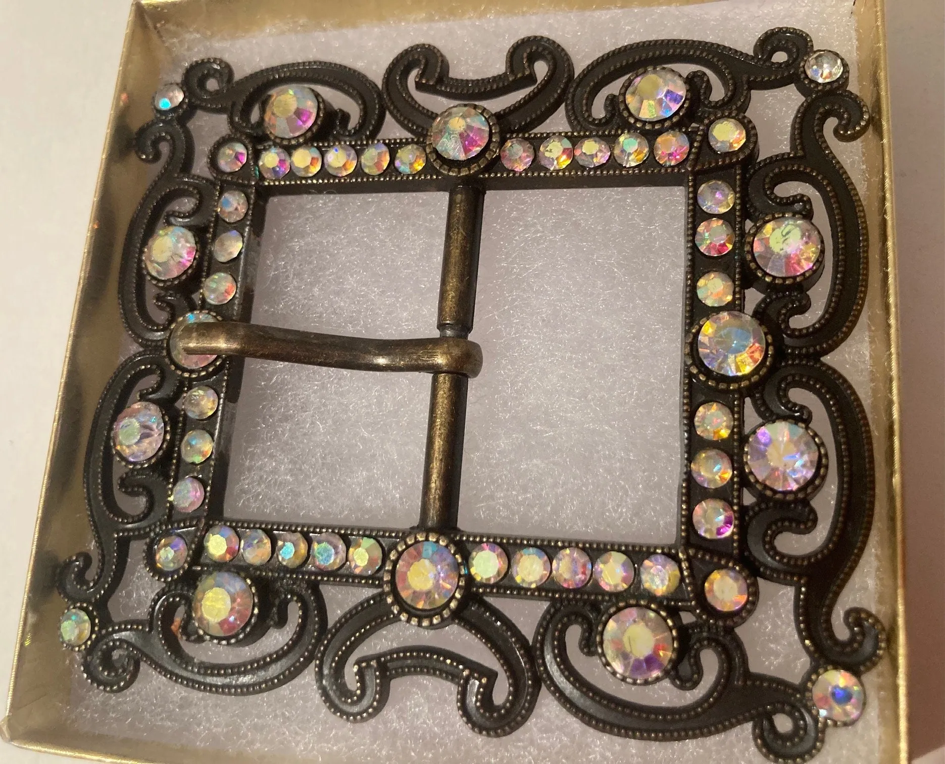 Vintage Metal Belt Buckle, Brass, Sparkly Stones, Really Nice, Heavy Duty Feel, 3 1/2" x 3", Heavy Duty, Quality, Thick Metal, Made in USA