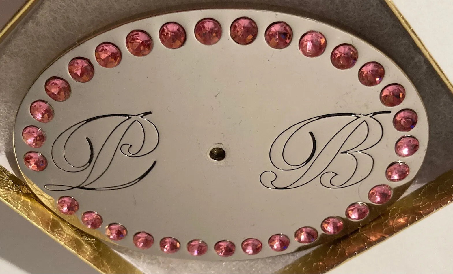 Vintage Metal Belt Buckle, Chrome, Initials D B, Pink Crystals, Heavy Feel, Country & Western, 3 3/4" x 2 1/2", Made in USA, Quality