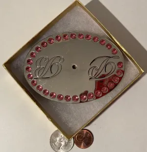 Vintage Metal Belt Buckle, Chrome, Initials D B, Pink Crystals, Heavy Feel, Country & Western, 3 3/4" x 2 1/2", Made in USA, Quality