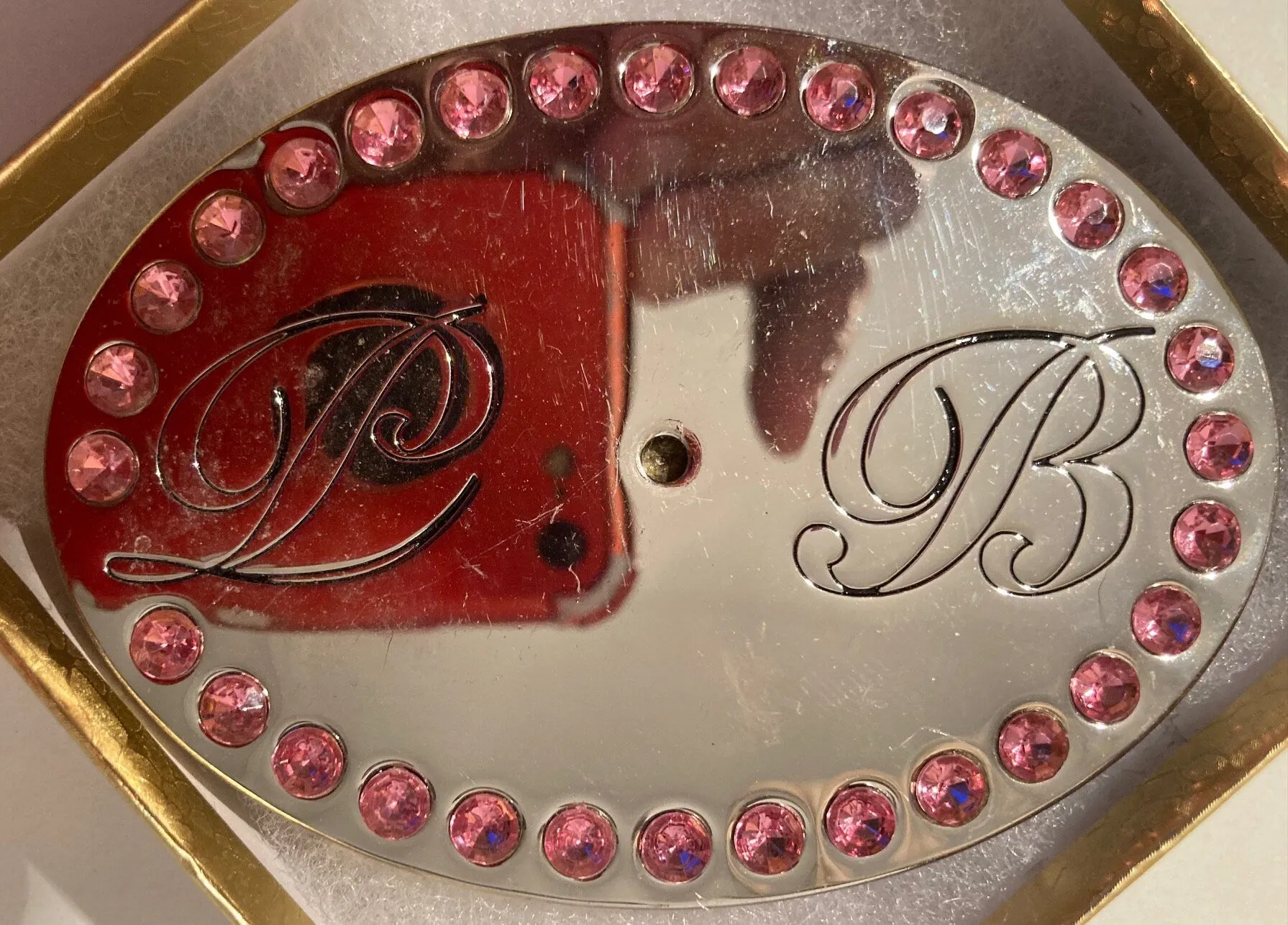Vintage Metal Belt Buckle, Chrome, Initials D B, Pink Crystals, Heavy Feel, Country & Western, 3 3/4" x 2 1/2", Made in USA, Quality