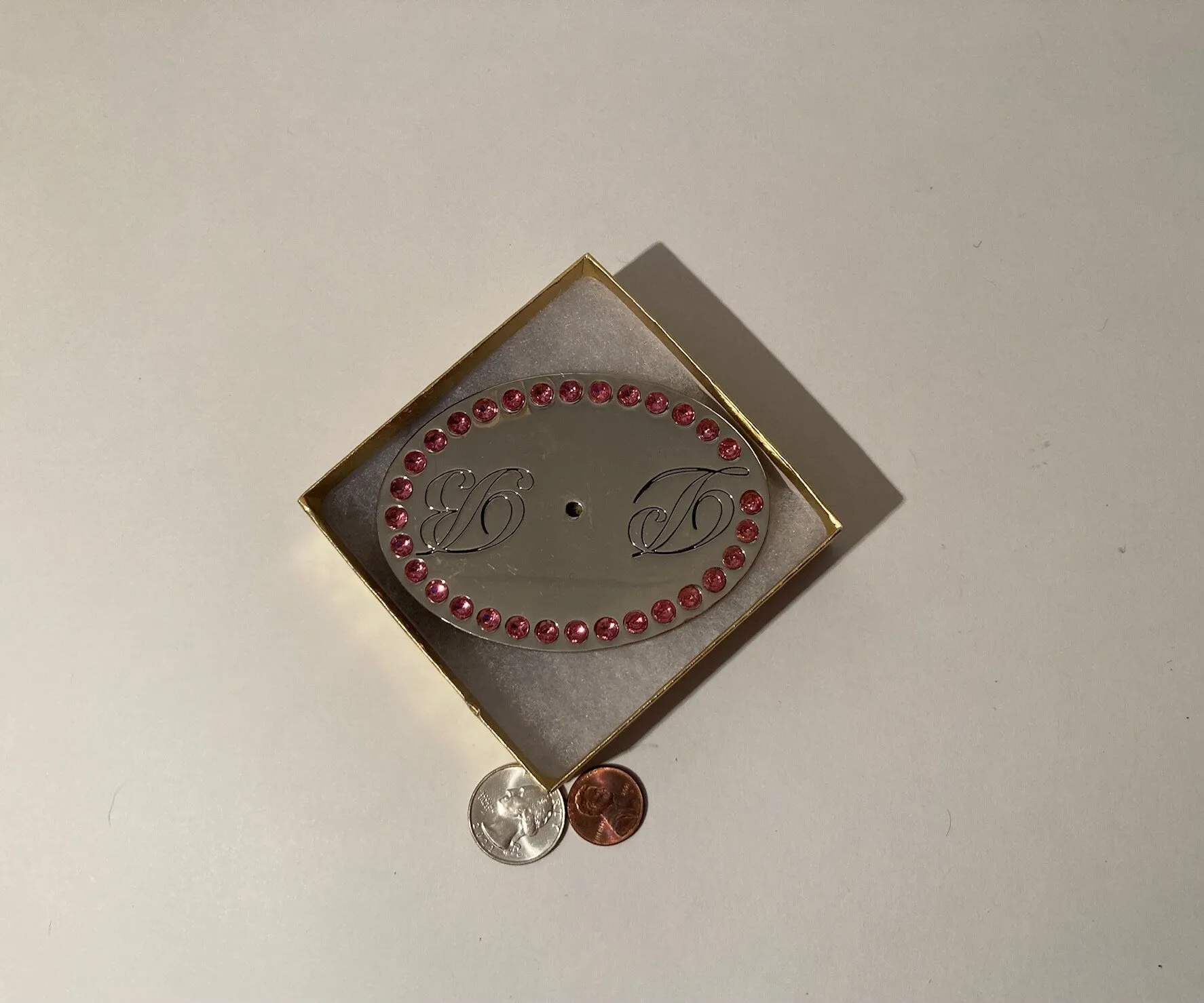 Vintage Metal Belt Buckle, Chrome, Initials D B, Pink Crystals, Heavy Feel, Country & Western, 3 3/4" x 2 1/2", Made in USA, Quality