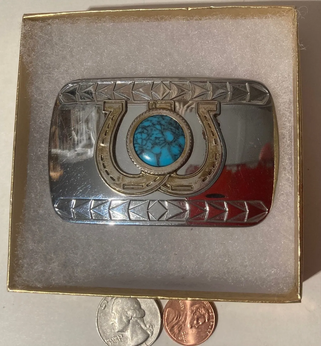 Vintage Metal Belt Buckle, Chrome with Horseshoes and Nice Blue Turquoise Design, Nice Design, 3" x 2", Heavy Duty, Quality, Thick Metal