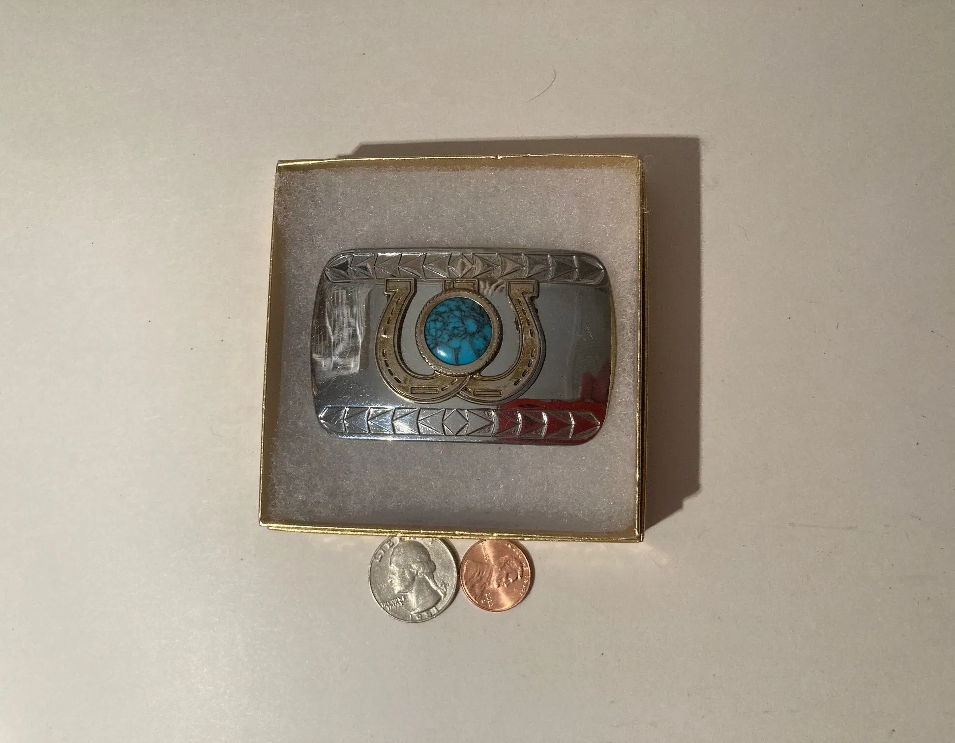 Vintage Metal Belt Buckle, Chrome with Horseshoes and Nice Blue Turquoise Design, Nice Design, 3" x 2", Heavy Duty, Quality, Thick Metal