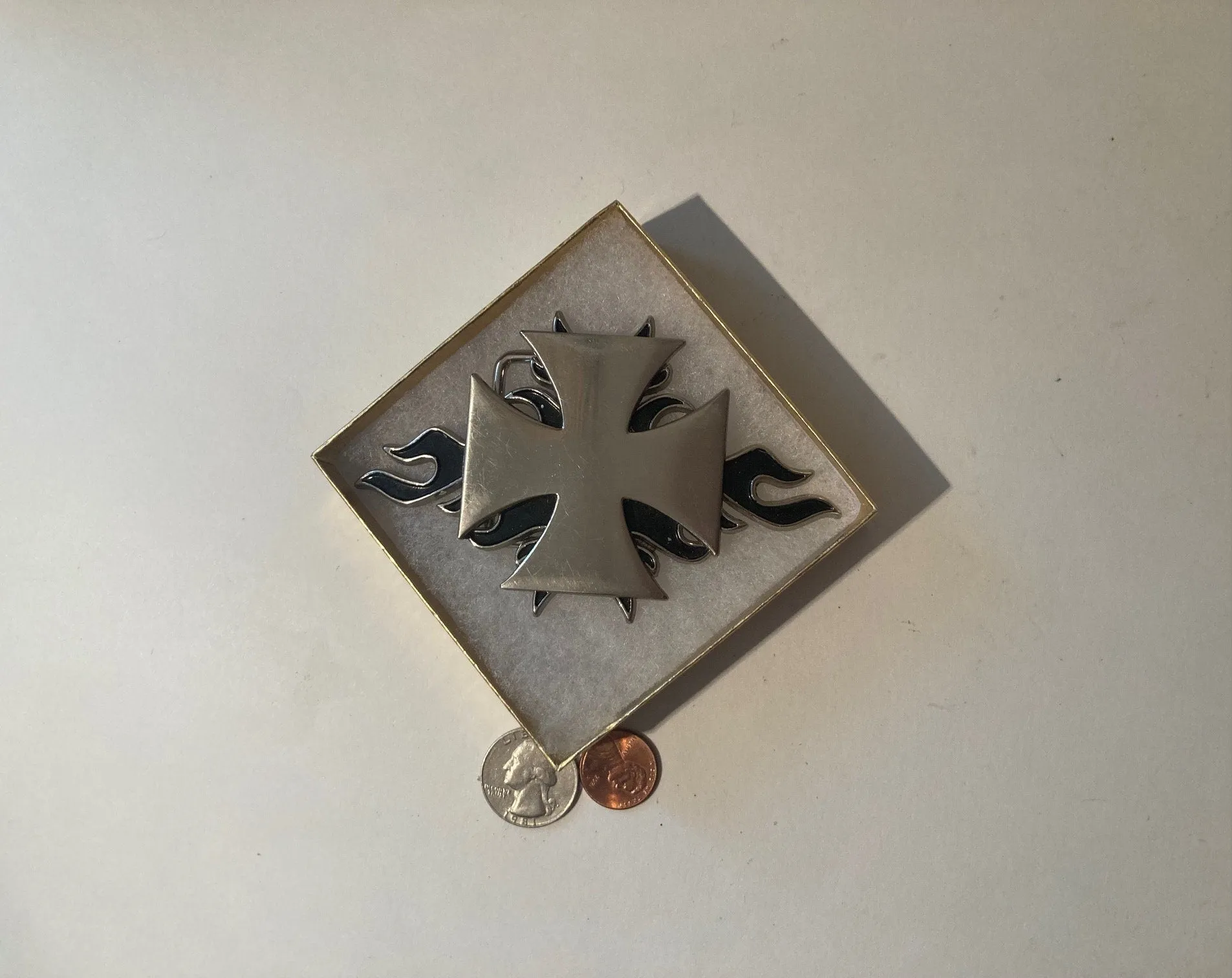 Vintage Metal Belt Buckle, Cross with Flames, 3D Look, Nice Design, 4 1/2" x 2 1/2", Heavy Duty, Quality, Thick Metal, Made in USA