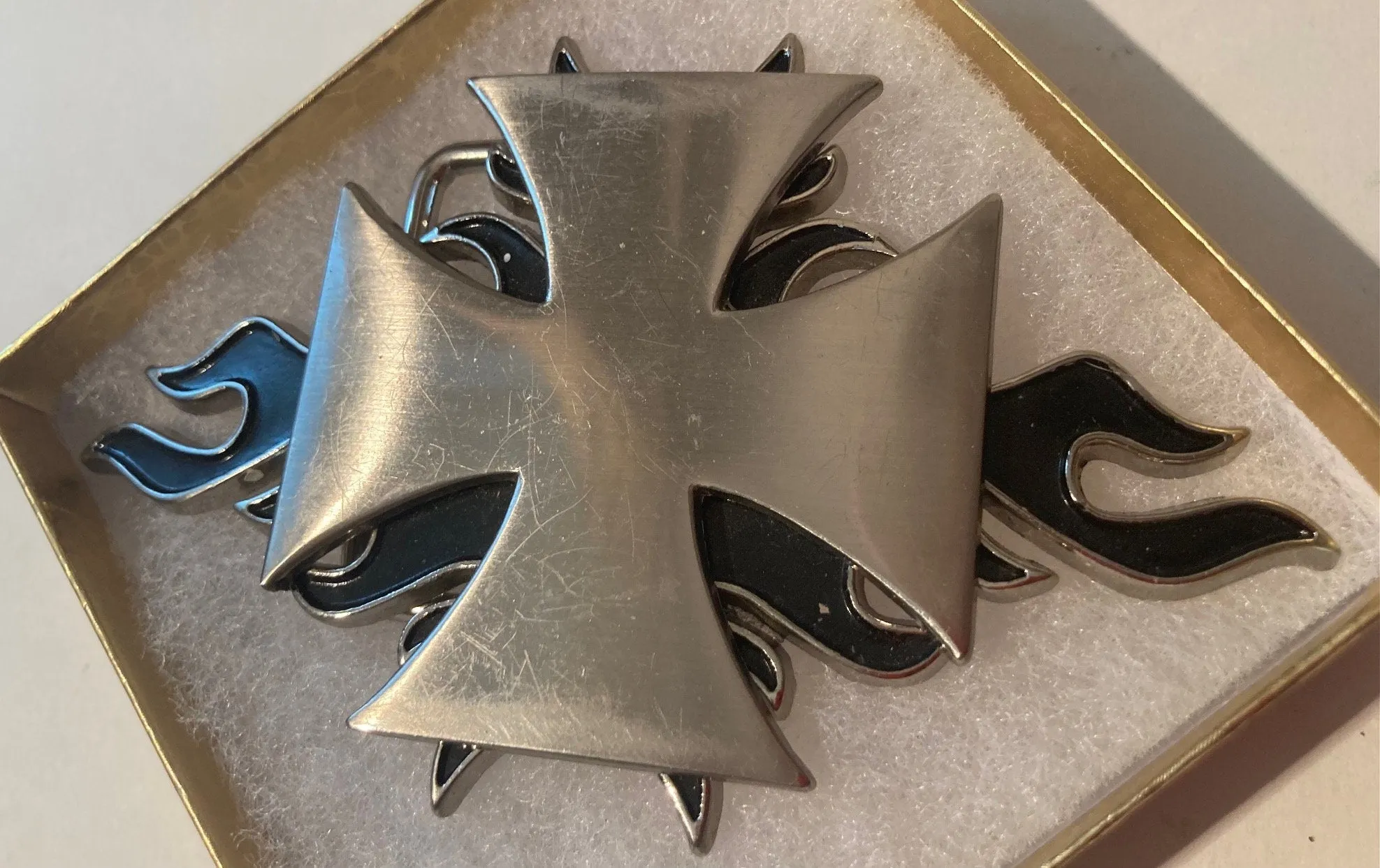 Vintage Metal Belt Buckle, Cross with Flames, 3D Look, Nice Design, 4 1/2" x 2 1/2", Heavy Duty, Quality, Thick Metal, Made in USA