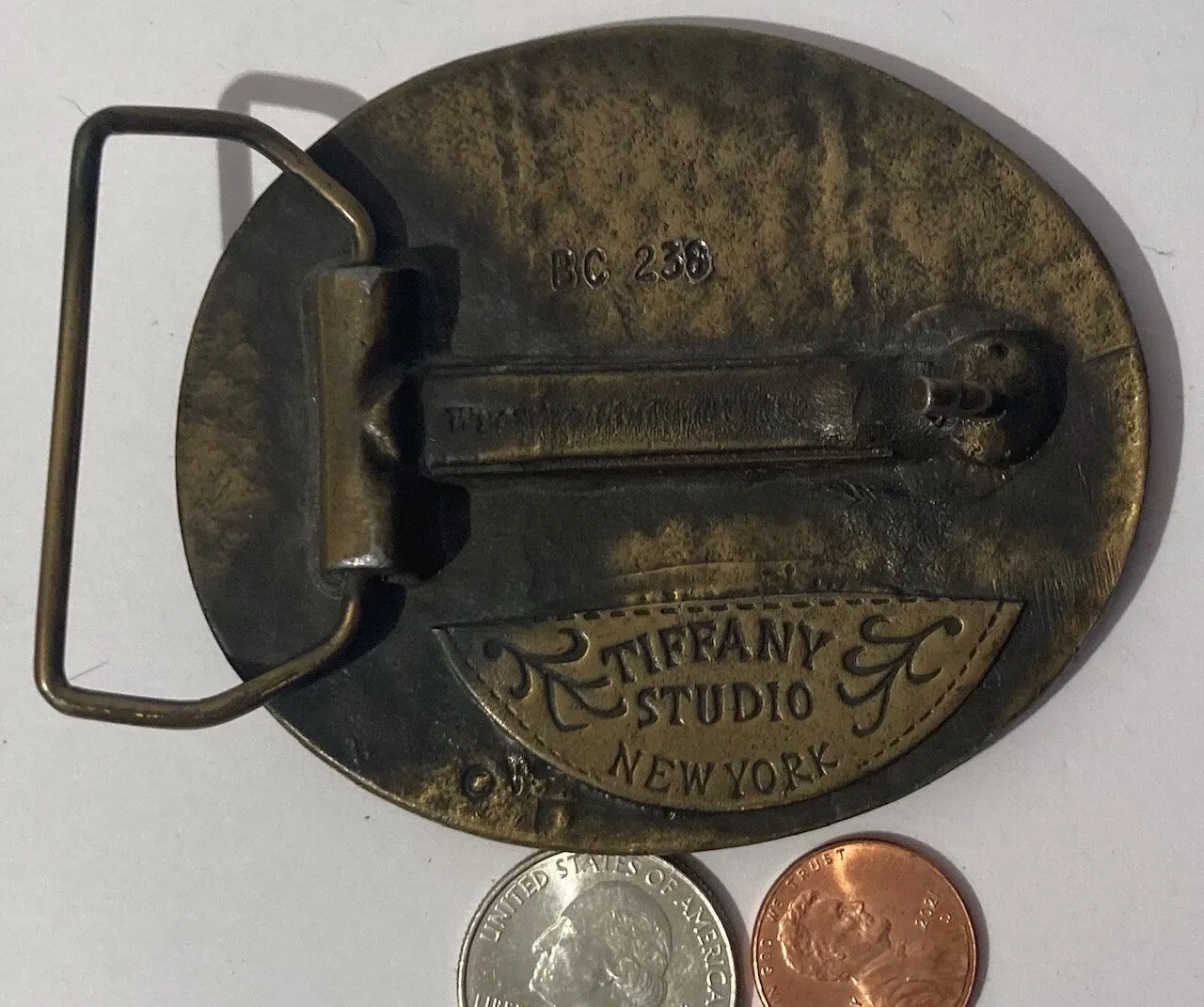Vintage Metal Belt Buckle, Deer, Tiffany  Studios, New York, Heavy Duty, Made in USA, Quality, Fashion, Belts, Shelf Display