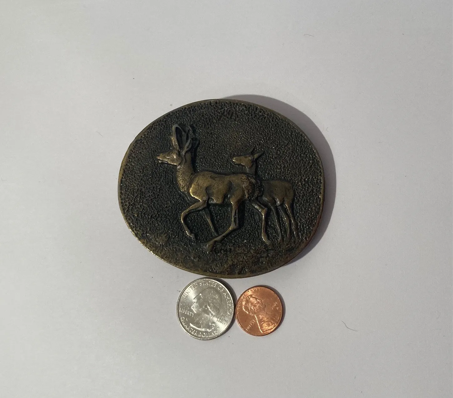 Vintage Metal Belt Buckle, Deer, Tiffany  Studios, New York, Heavy Duty, Made in USA, Quality, Fashion, Belts, Shelf Display